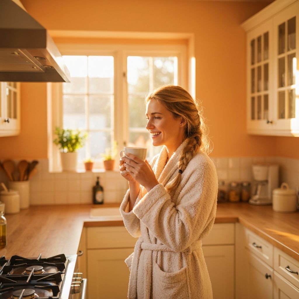 Happy rested mother drinking coffee in a sunlit kitchen