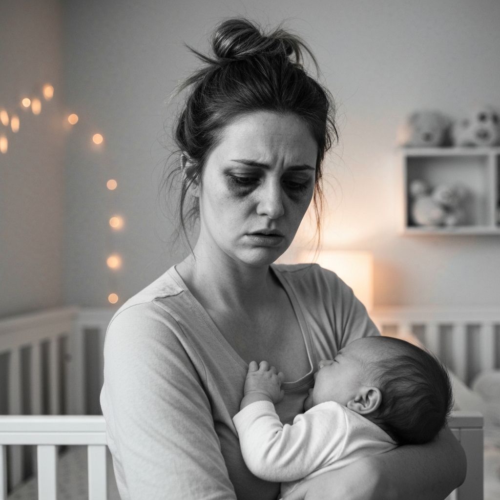 Exhausted mother holding a crying baby in a dimly lit nursery
